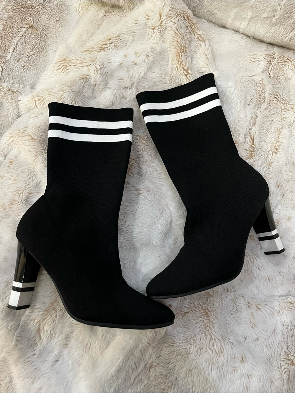 Circus by Sam Edelman Black Joy knit Sock mid calf Booties with White Stripes